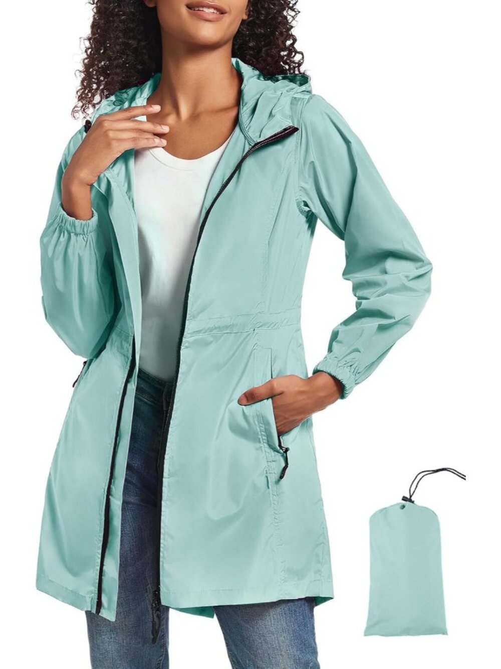 Women's Green Hooded Waterproof Drawcord Waist Zip Pockets Packable Trench Coat